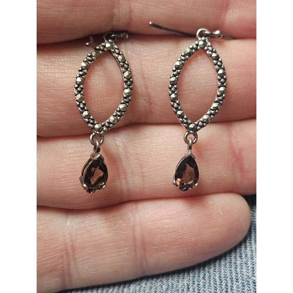 Vintage Marcasite & Smoky Quartz Teardrop Sterling Silver Dangle Earrings